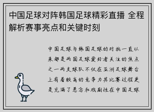 中国足球对阵韩国足球精彩直播 全程解析赛事亮点和关键时刻